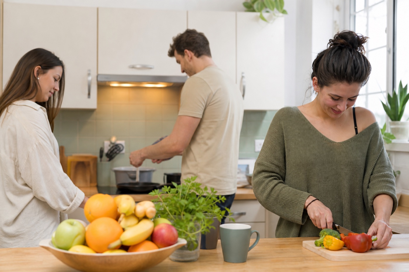 A shared kitchen with warm light and space for young people